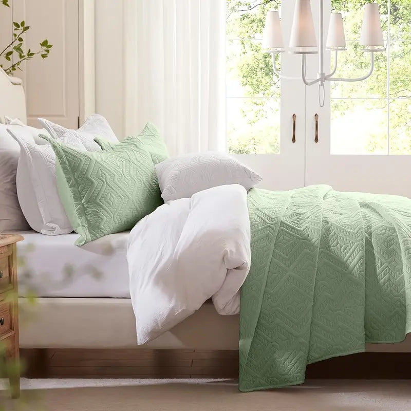NNETM Grass Green Microfiber 3-Piece 150GSM Bedspread Set - King Size-4