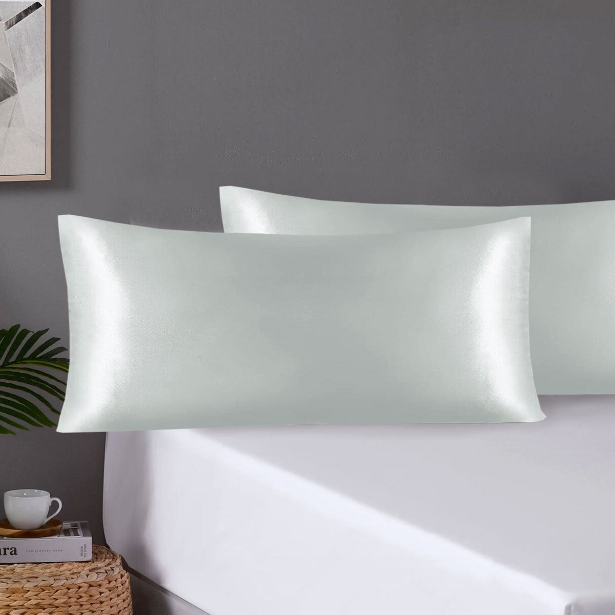 NNEDSZ Pair of King Satin Silk Pillowcases with Envelope Closure 51 x 102 cm Grey-0