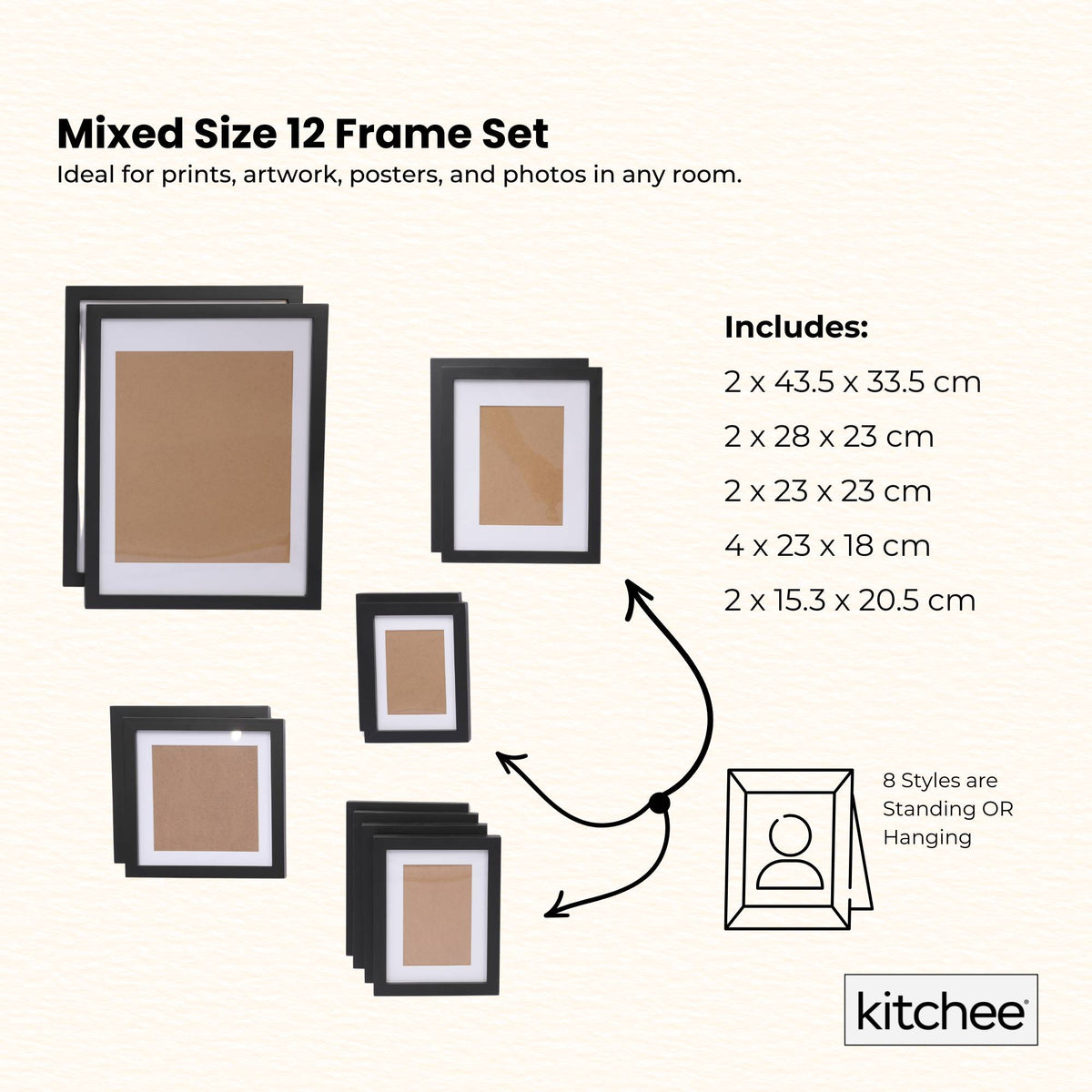 Kitchee 12 Pieces Photo Frame Set - Modern Gallery Wall Pack Matte Black