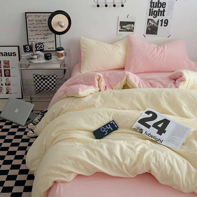 Pink-yellow 1.5m Bed Fitted Sheet Set with 200x230cm Duvet Cover - 4-Piece Bedding Set-0