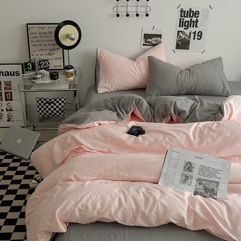 Pink-grey 1.5m Bed Fitted Sheet Set with 200x230cm Duvet Cover - 4-Piece Bedding Set-0