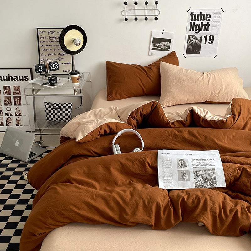 NNEDSZ Brown 1.5m Bed Fitted Sheet Set with 200x230cm Duvet Cover - 4-Piece Bedding Set-0