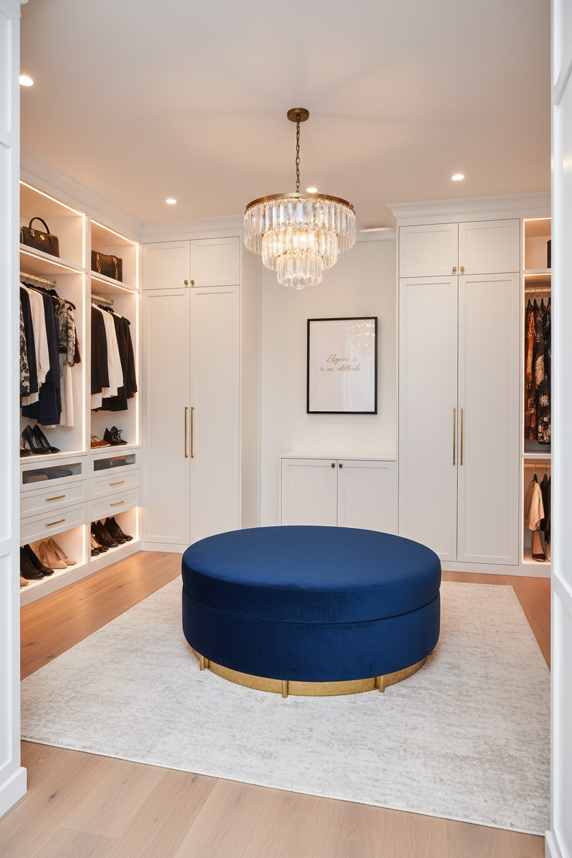 Minimalist quote print in a luxury designer walk-in wardrobe