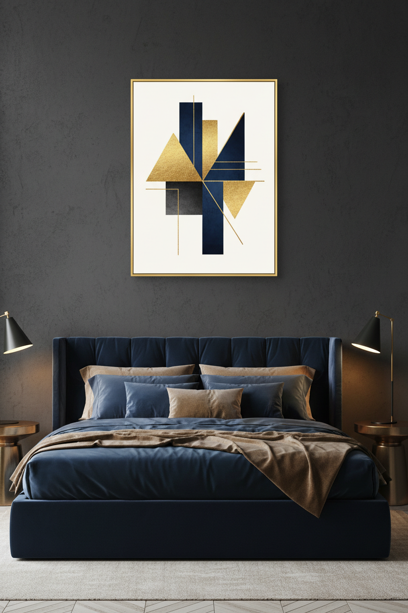 Abstract geometric print in navy and gold tones, luxury master bedroom with velvet bedhead and brass lamp