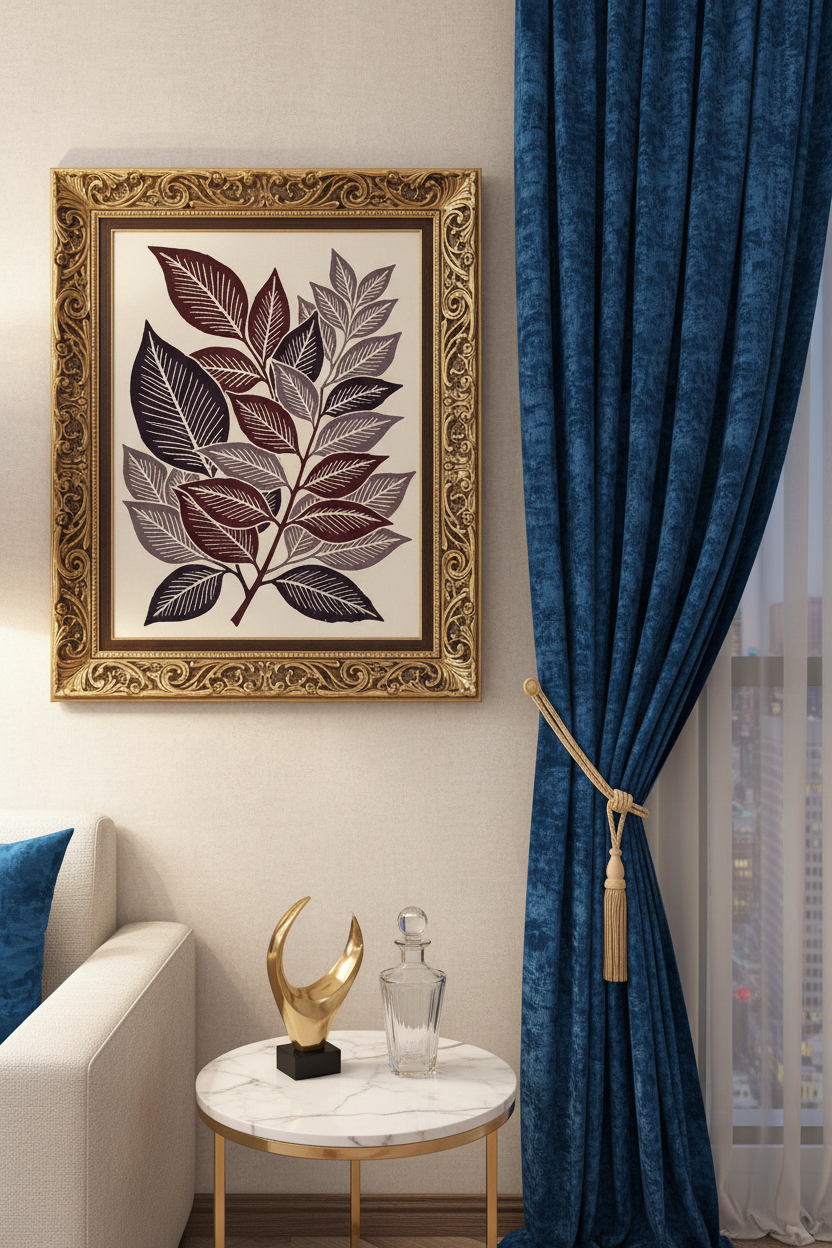 Botanical leaf print in burgundy and deep plum, bold block print style, Art Deco living room