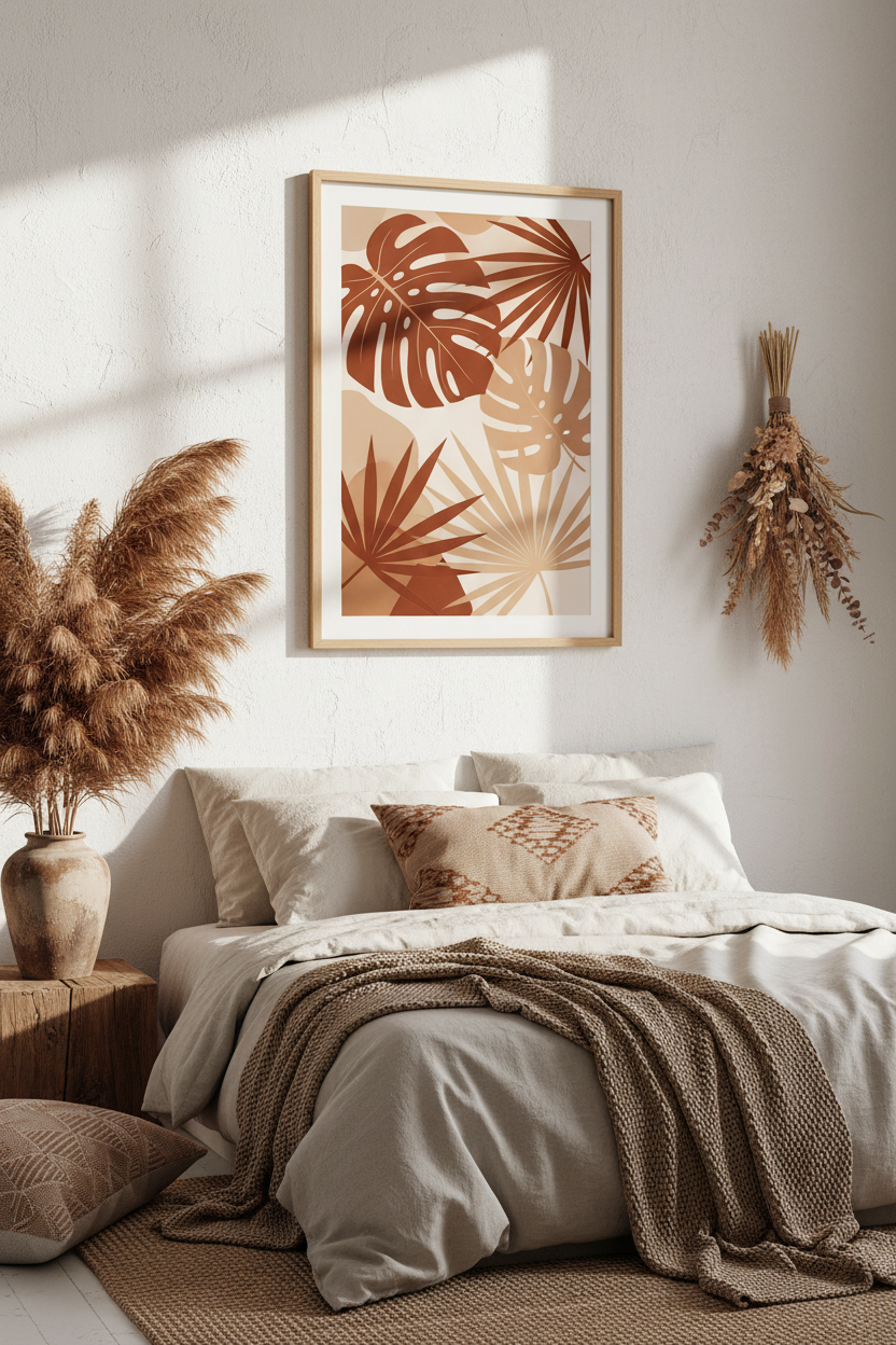 Botanical leaf print in terracotta and beige tones in a natural wood frame, boho bedroom
