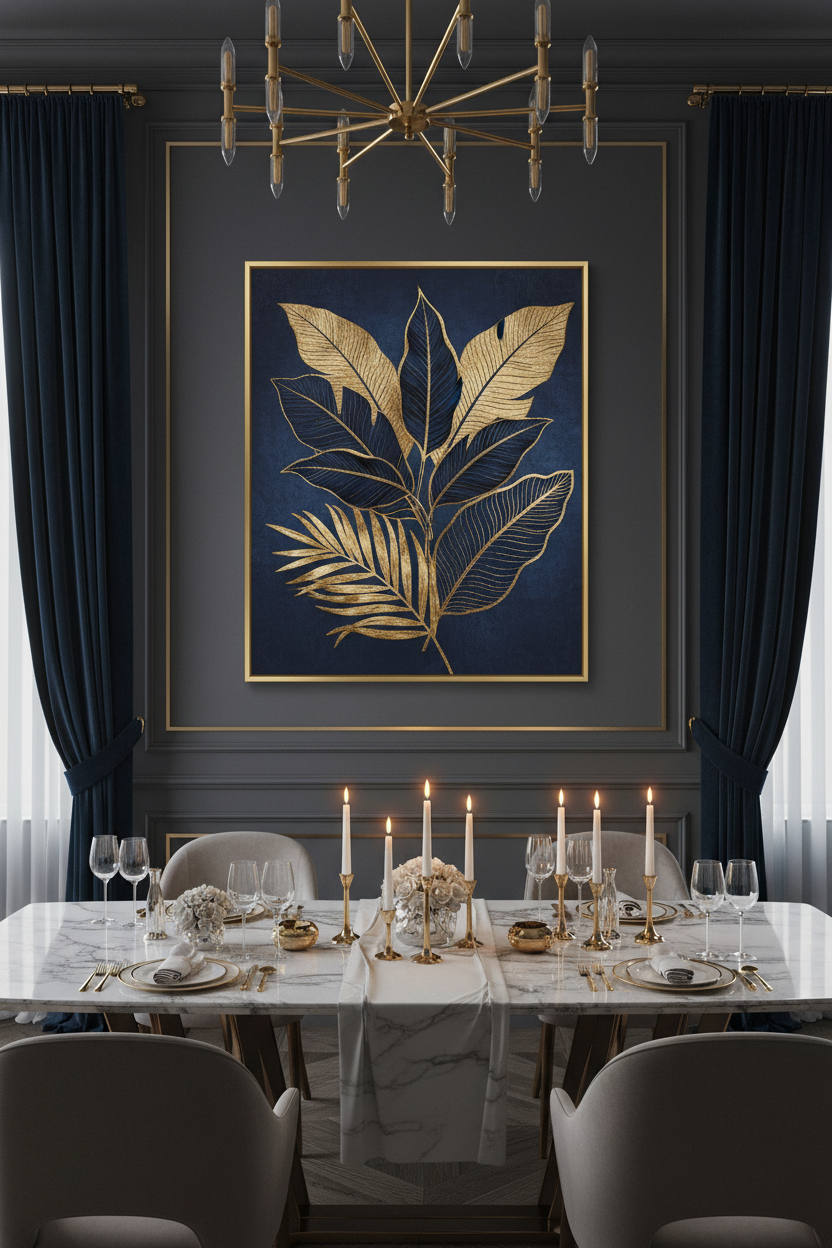 Botanical leaf print in navy blue and gold tones in a gold frame, luxury dining room