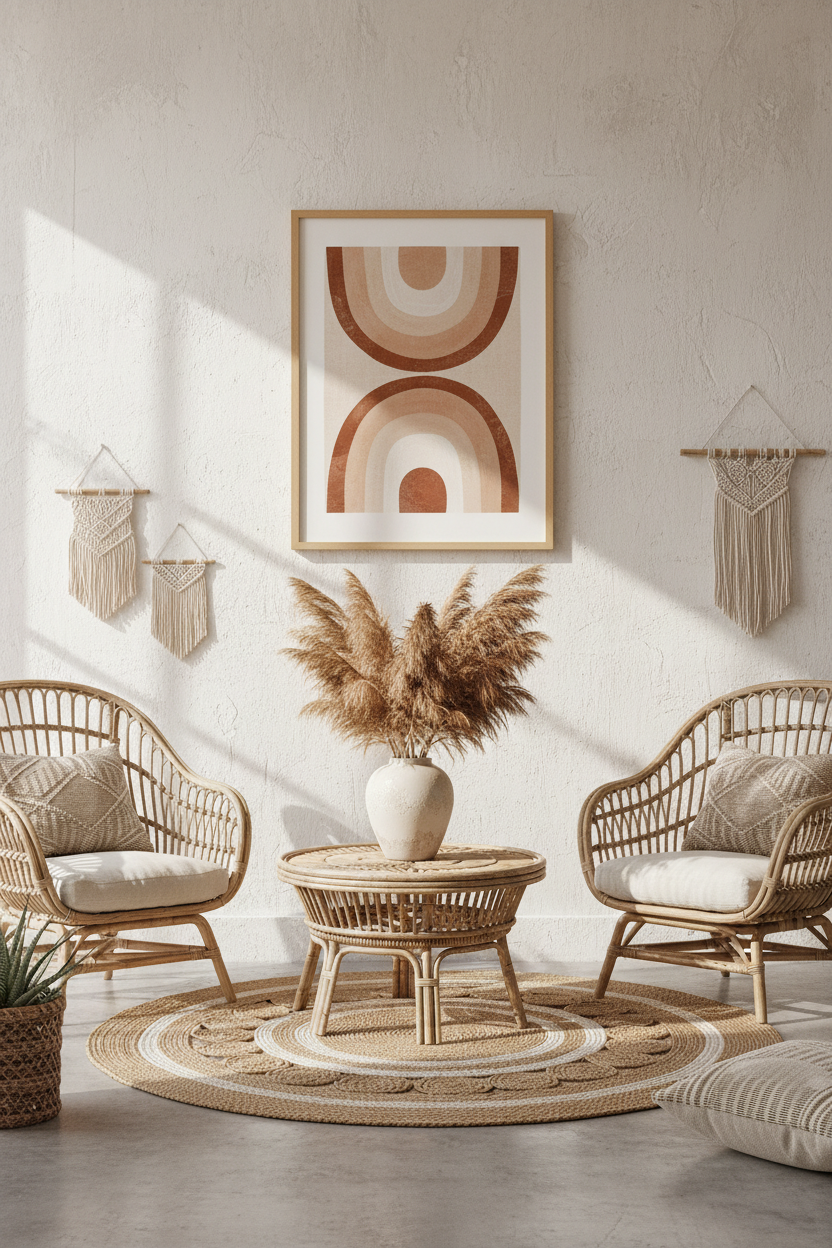 Abstract geometric print in terracotta and cream tones, boho living room with rattan furniture and pampas grass