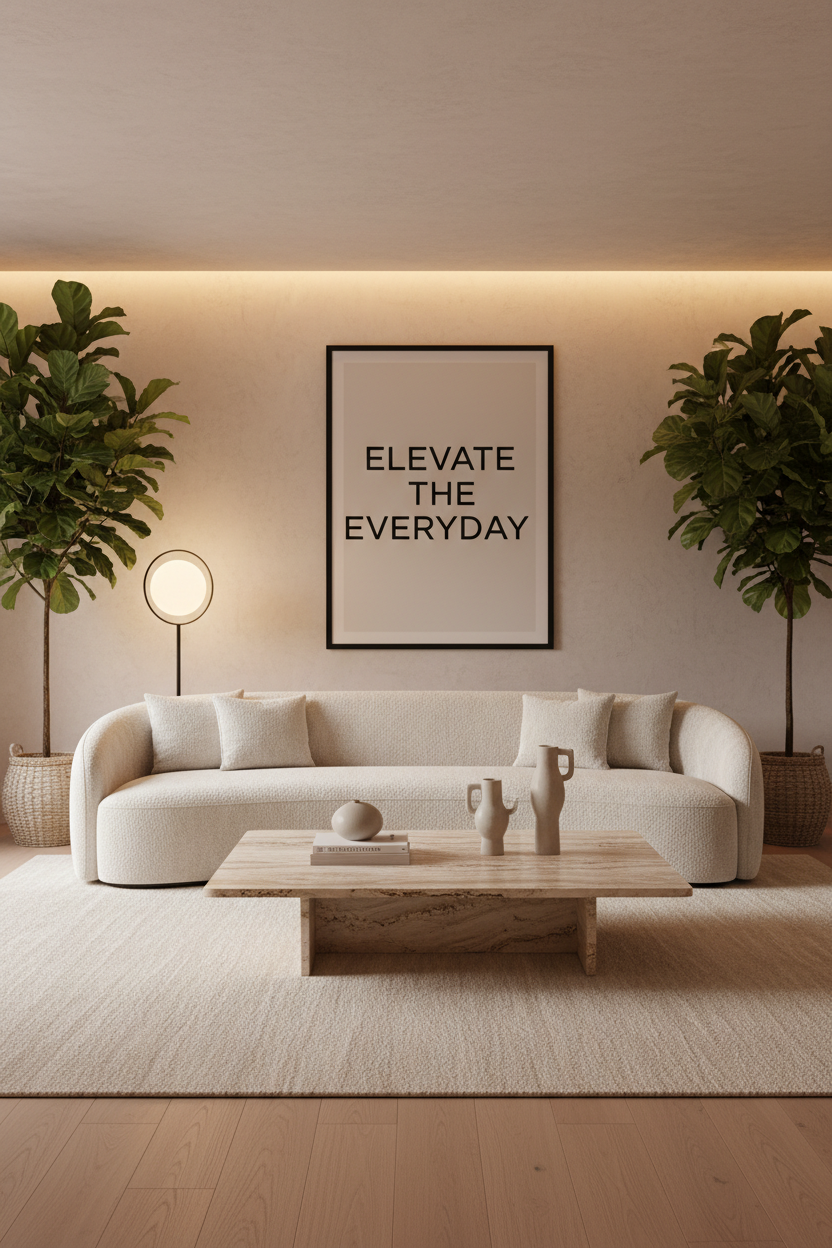 Minimalist quote print above a curved boucle sofa in a luxury lounge room