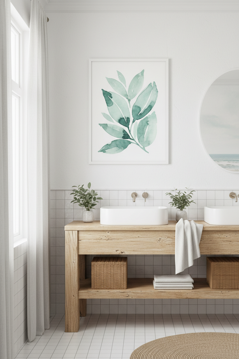 Botanical leaf print in teal and seafoam, loose watercolour brushstrokes, coastal bathroom