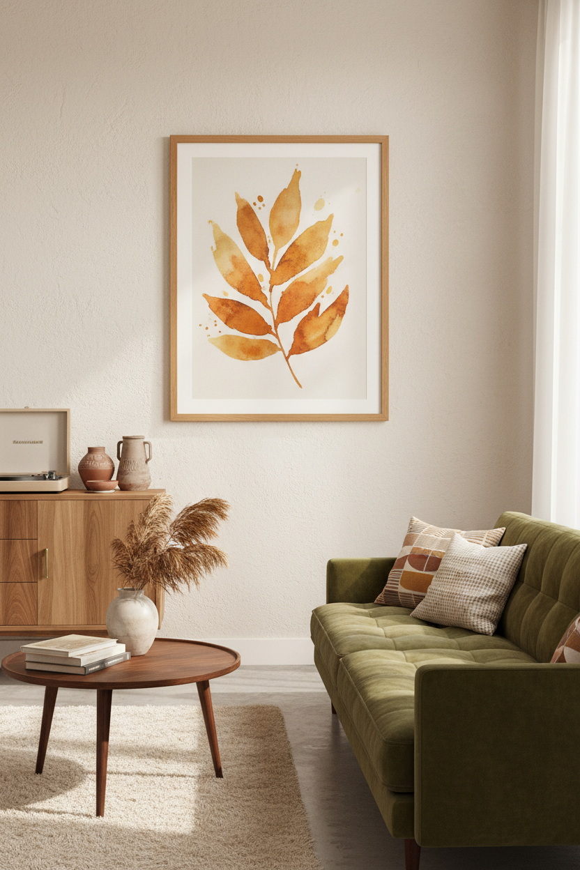 Botanical leaf print in burnt orange and mustard watercolour style, mid-century modern living room