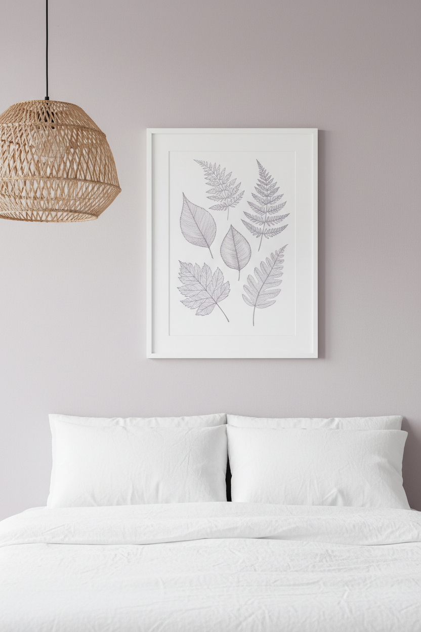 Botanical leaf print in dusty lavender and grey, delicate pencil sketch style, minimalist bedroom