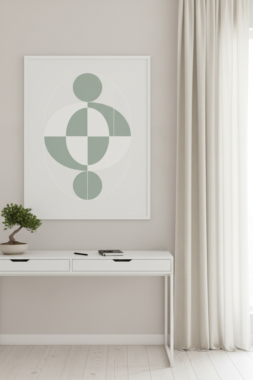 Abstract geometric print in sage green and white, Japandi home office with white desk and bonsai plant