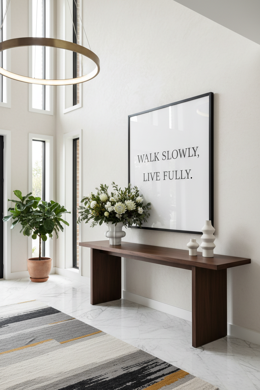 Minimalist quote print in a luxury designer entryway with marble floors