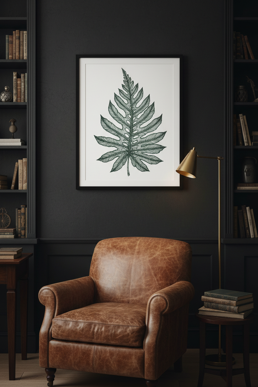 Botanical leaf print in deep forest green and charcoal, detailed line art style, moody study room