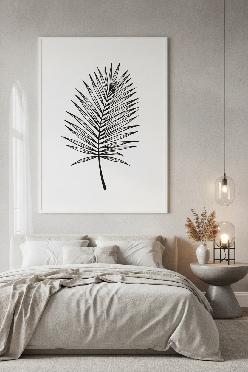 Black and white botanical leaf print in a white frame, luxury bedroom with linen bedding and dried flowers
