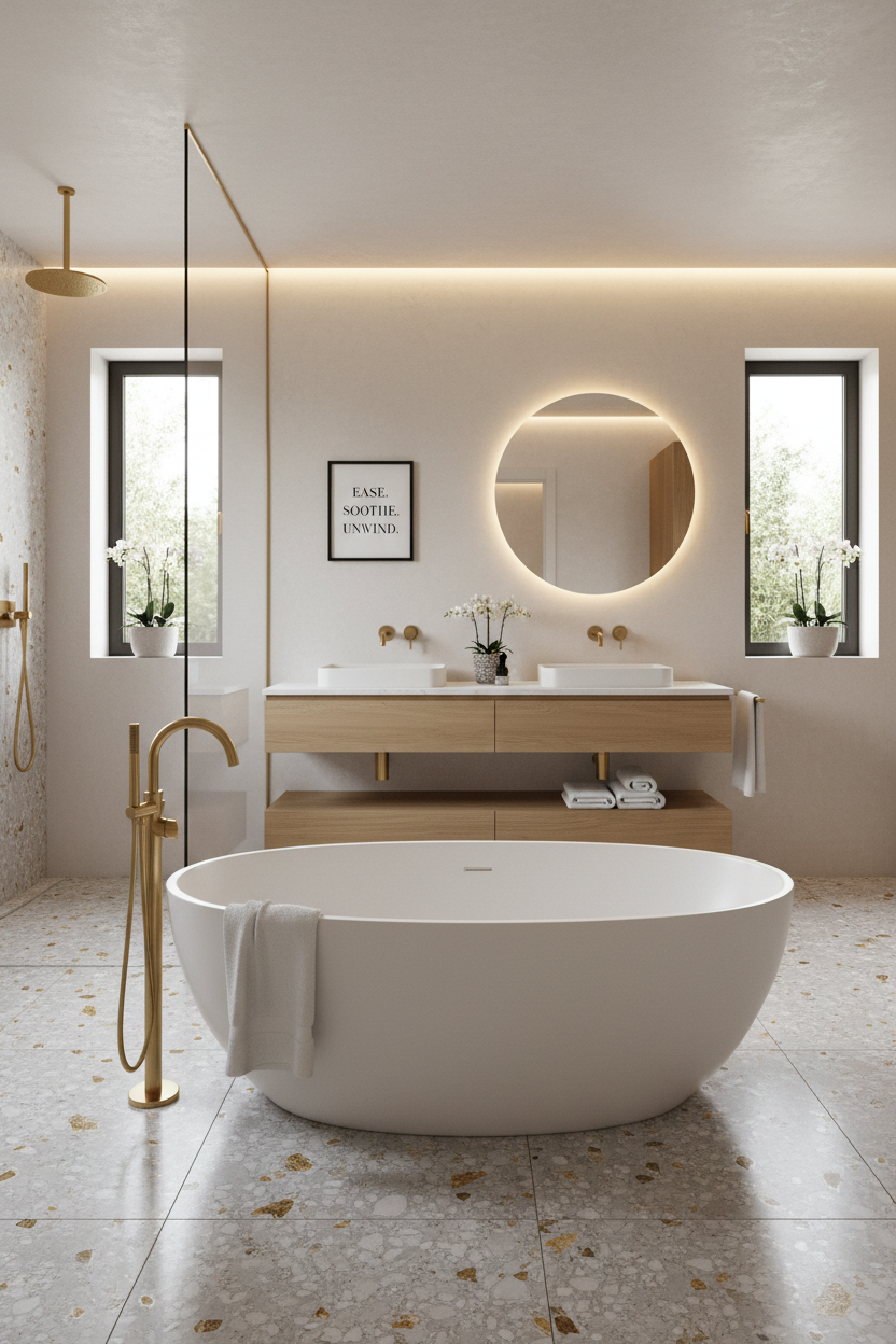 Minimalist quote print in a luxury spa bathroom with freestanding bath and gold fixtures