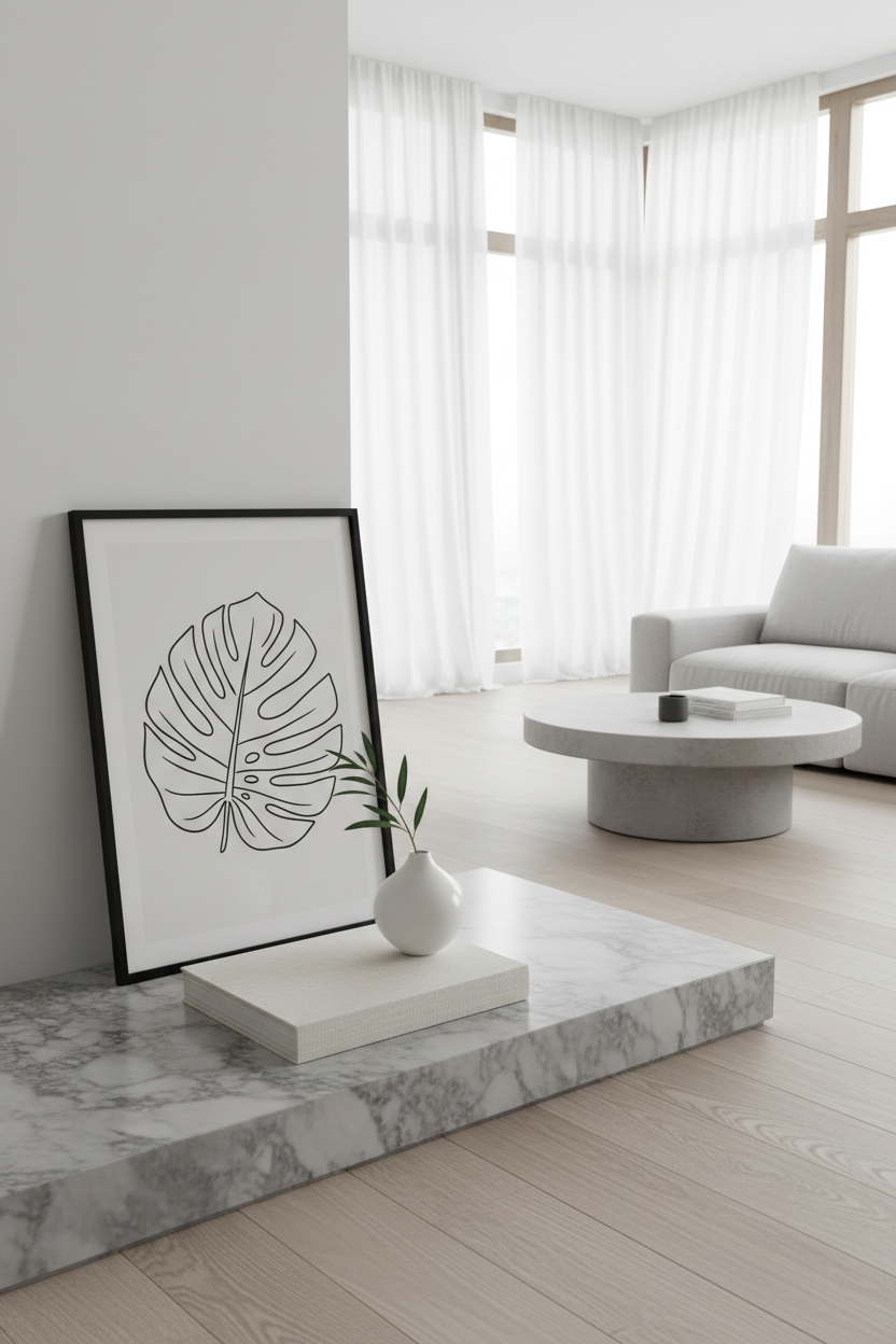 Black and white botanical leaf print in a black frame leaning on marble surface, modern luxury living room