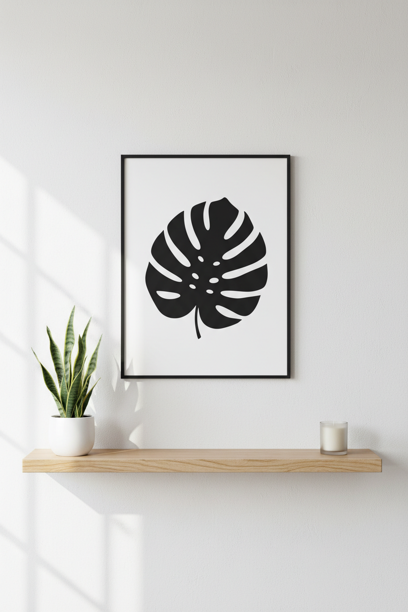 Black and white botanical leaf print in a black frame on a white wall, Scandinavian shelf with plant and candle
