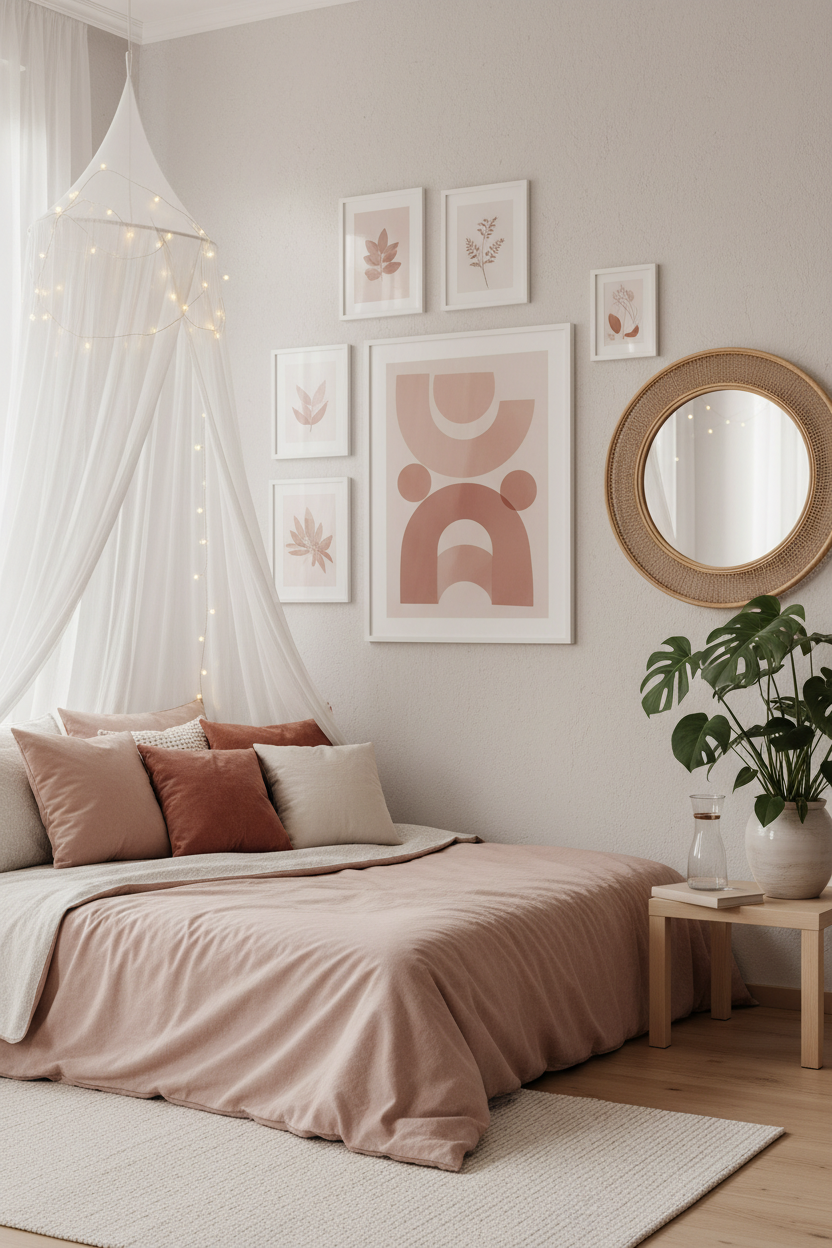 Abstract geometric print in blush pink and dusty rose, feminine bedroom gallery wall with velvet cushions