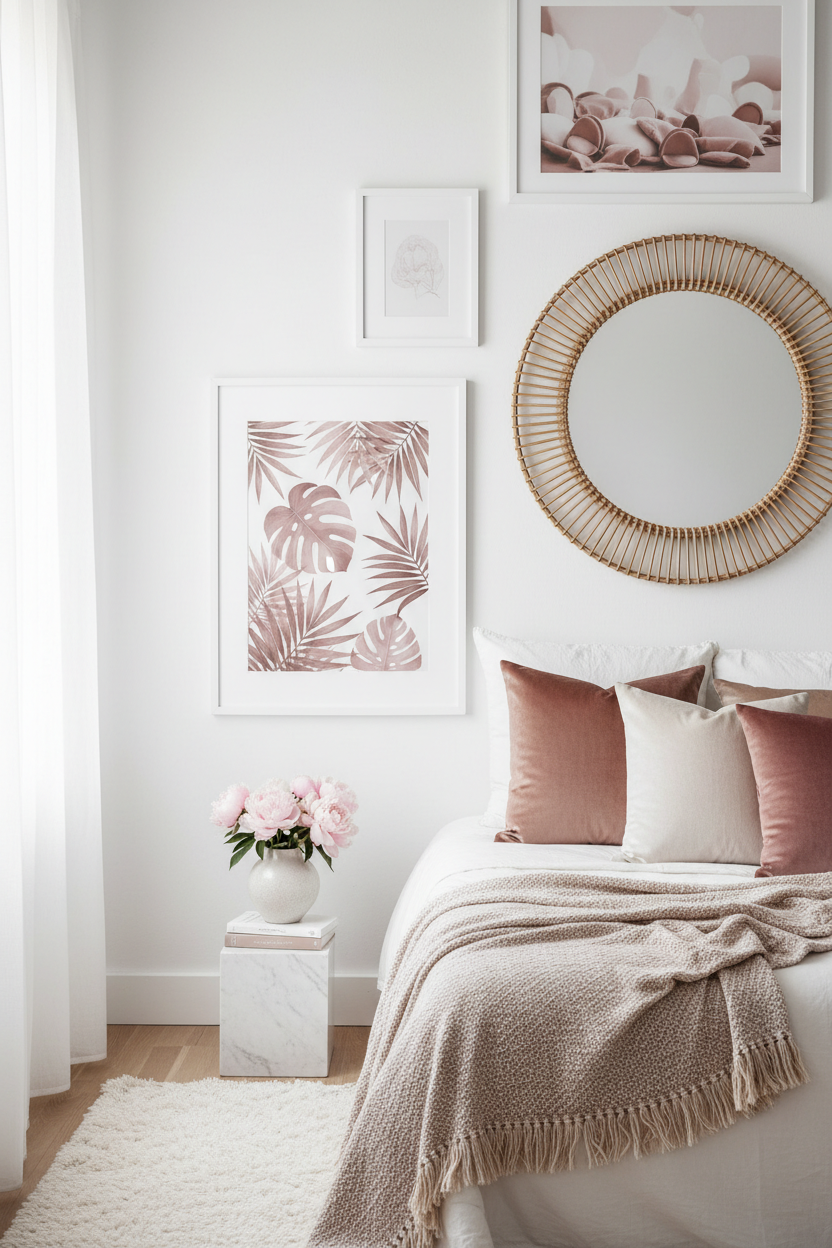 Botanical leaf print in blush pink and dusty rose tones in a white frame, feminine bedroom gallery wall